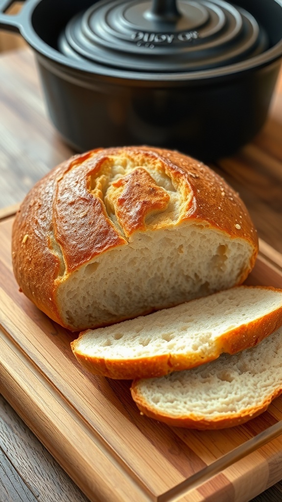 A rustic loaf of bread baked in a cast iron Dutch oven, with a golden crust and soft interior on a cutting board.